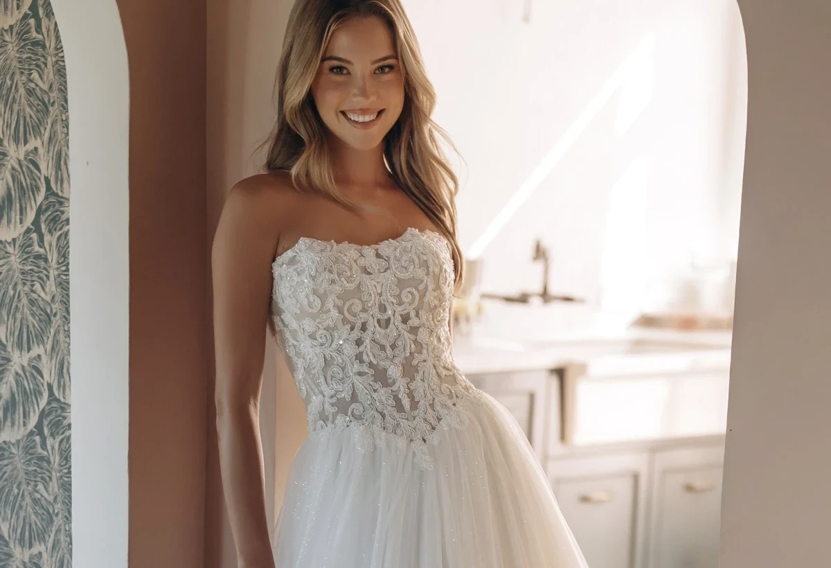 Model wearing a gown by Stella York